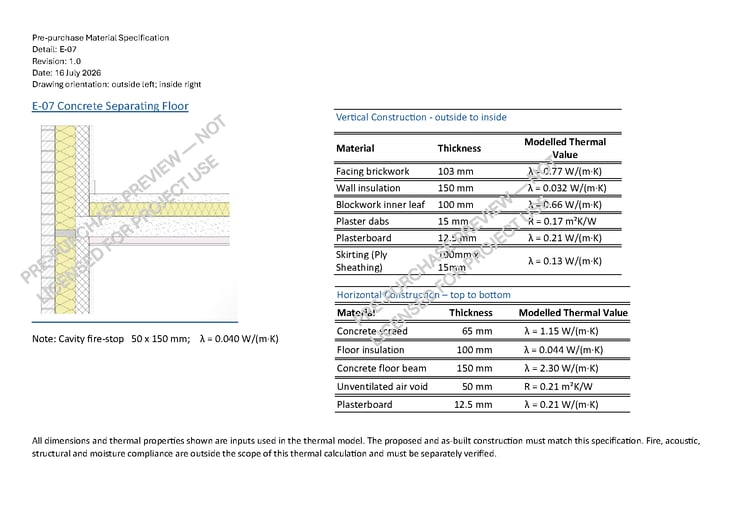 Watermarked pre-purchase specification for the E-07 concrete separating-floor junction, showing the drawing, materials and modelled thermal values.