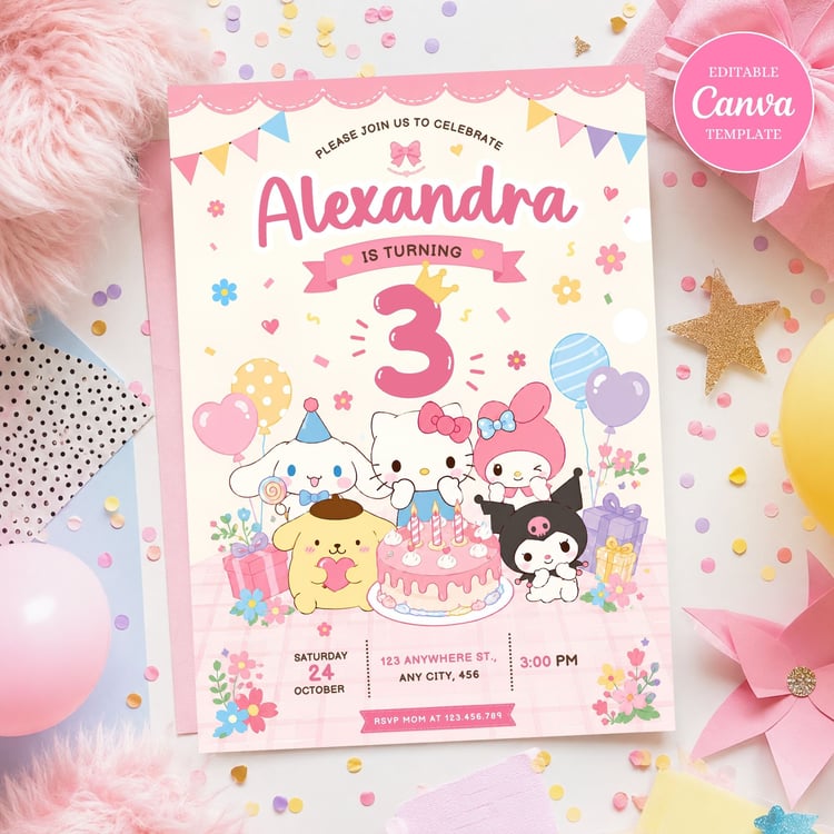 Editable Hello Kitty birthday invitation template with Hello Kitty and Friends design for a printable birthday party invitation.