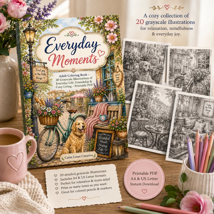 Everyday Moments adult grayscale coloring book printable PDF featuring 20 cozy everyday life illustrations. Includes A4 and US Letter formats for relaxation, mindfulness, friendship and slow living.