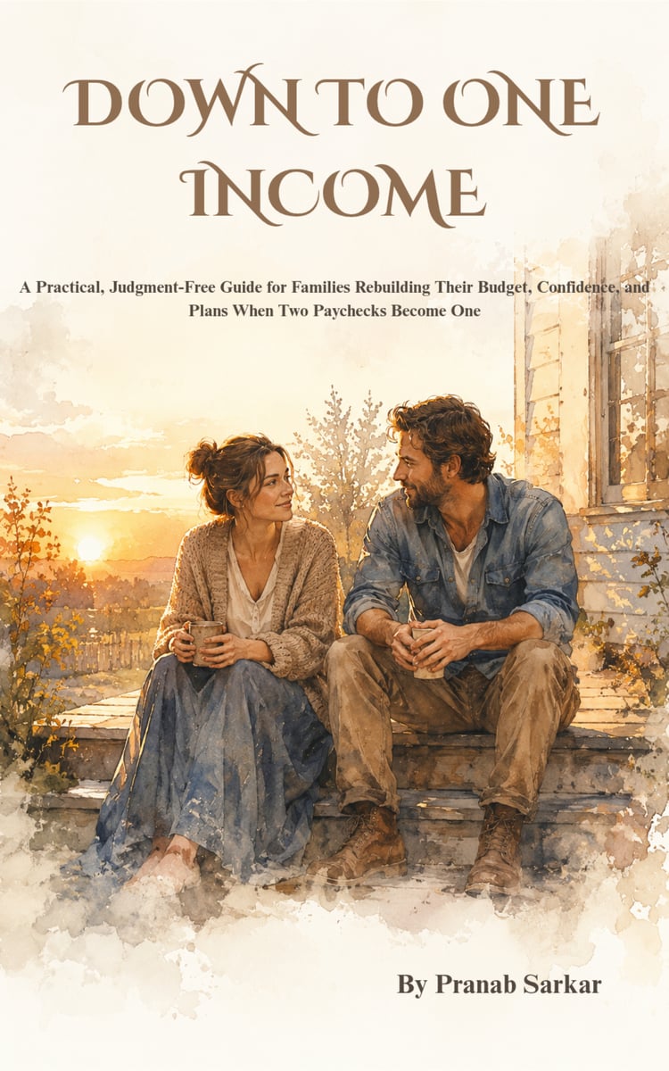 "Down to One Income book cover — a family budgeting guide for households moving from two incomes to one"