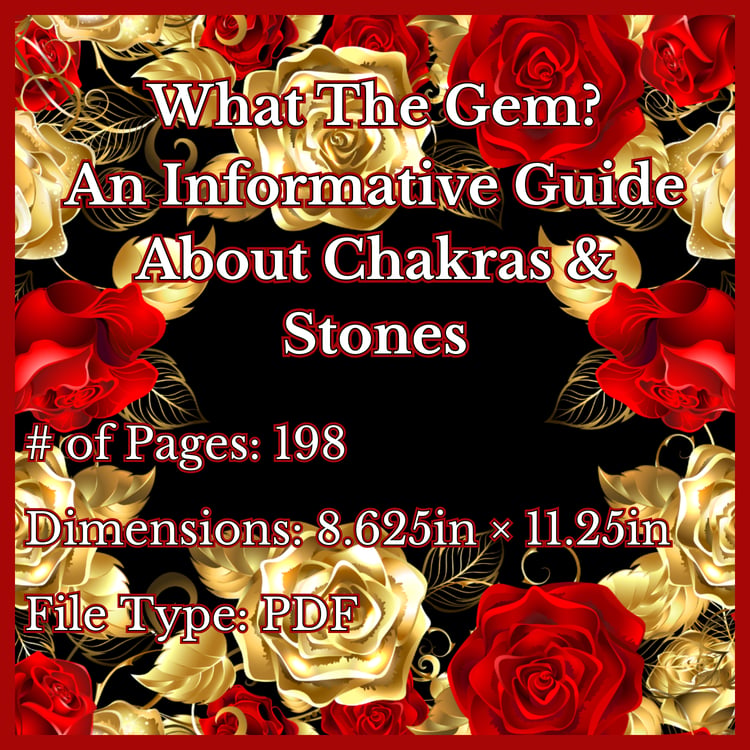 A decorative image with a red border, black background, and red and gold roses that includes specifications for the guide, "What The Gem?"