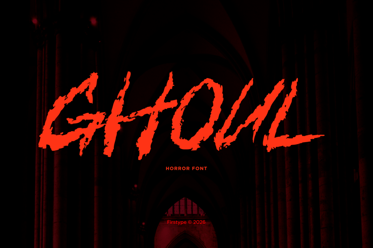 Firstype Studio Ghoul Horror Font Display Banner on Dark Gothic Background