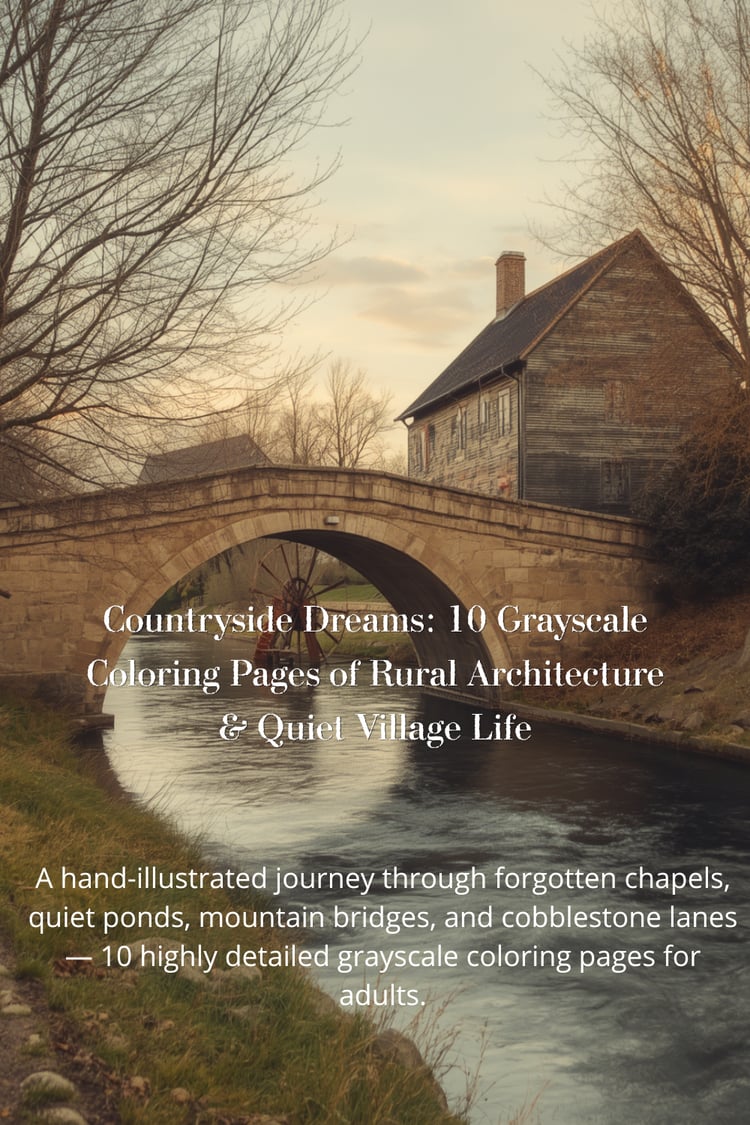 Cover artwork for "Countryside Dreams" coloring collection — stone bridge with a watermill over a river at golden hour