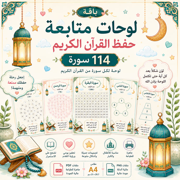 باقة لوحات متابعة حفظ القرآن الكريم – 114 سورة