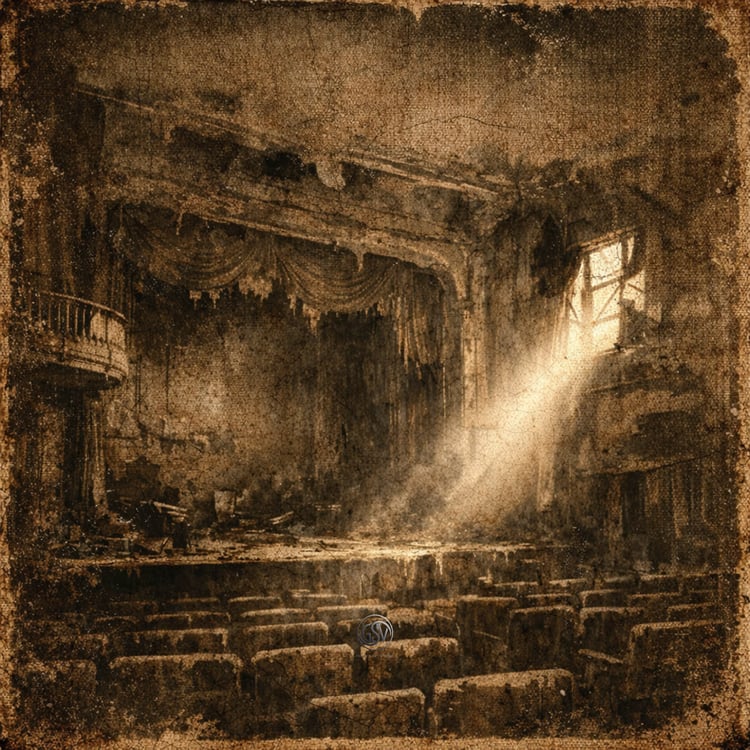 Sepia-toned vintage illustration of an abandoned theater with empty seats and a shaft of light through a broken window