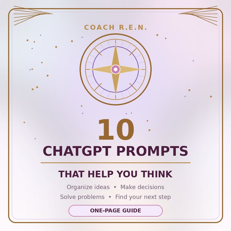 Ethereal lavender, blush and gold Coach R.E.N. cover for a one-page guide featuring 10 ChatGPT prompts that help you think.
