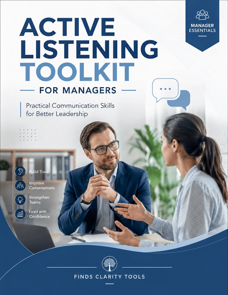 Improve your leadership communication with the Active Listening Toolkit for Managers. Practical worksheets, templates, checklists, and communication strategies to build trust, strengthen teams, and lead more effective conversations.