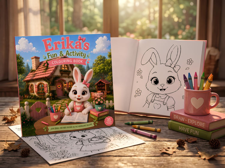 "Erika's Fun & Activity Colouring Book – bunny coloring book for kids, 35 activity pages, crayons, woodland cottage theme"
