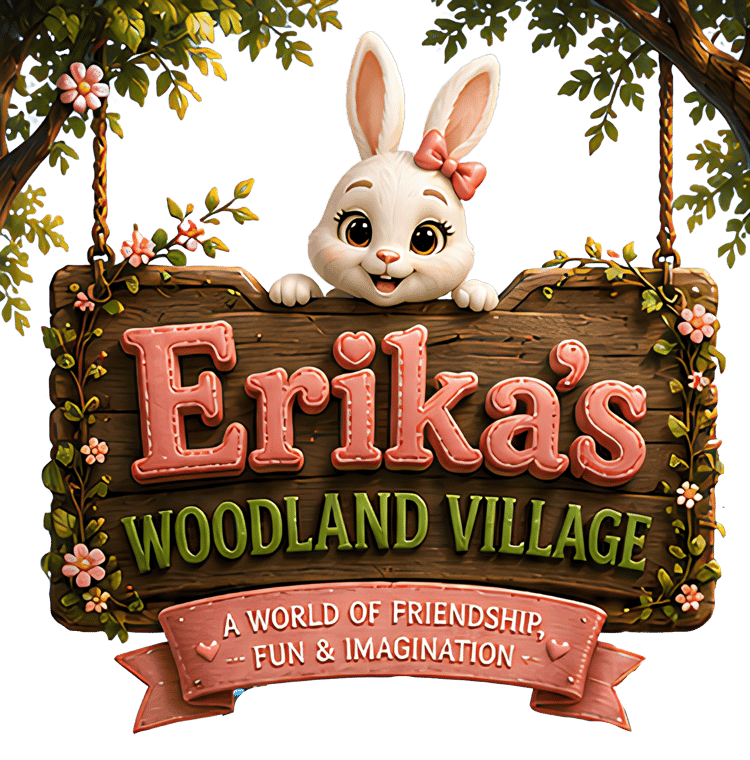 "Erika the bunny mascot for Erika's Woodland Village children's book series, peeking over a wooden sign reading 'A World of Friendship, Fun & Imagination'"