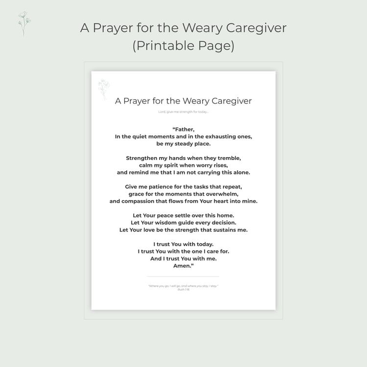 Printable Christian caregiver prayer page with botanical accents.