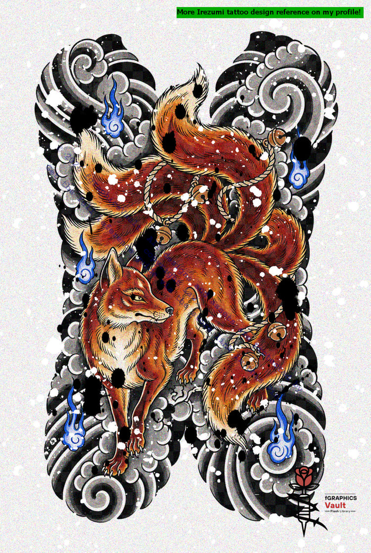 Traditional Japanese Kitsune draw-along practice sheet with full-color reference
