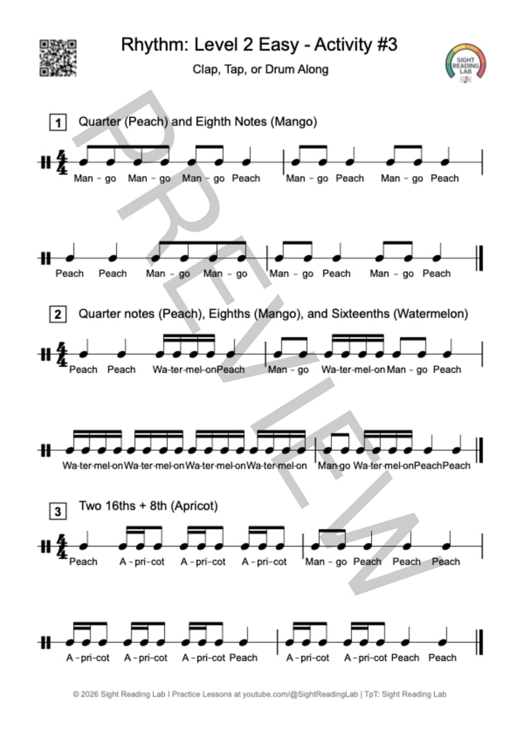 Sheet music preview page showing 4/4 time signature notation, quarter notes, eighth notes, 16th subdivisions, and practice cues.