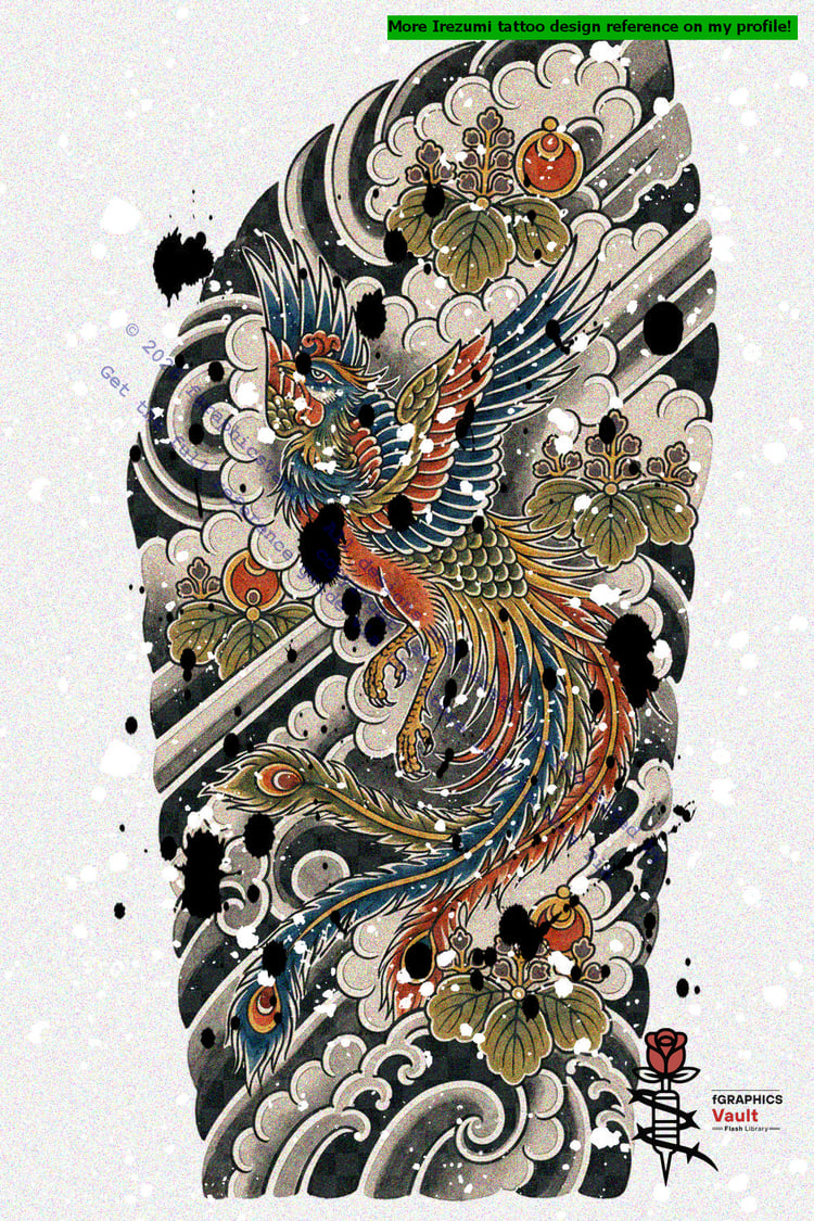 Traditional Japanese Hō-ō Phoenix draw-along practice sheet with full-color reference