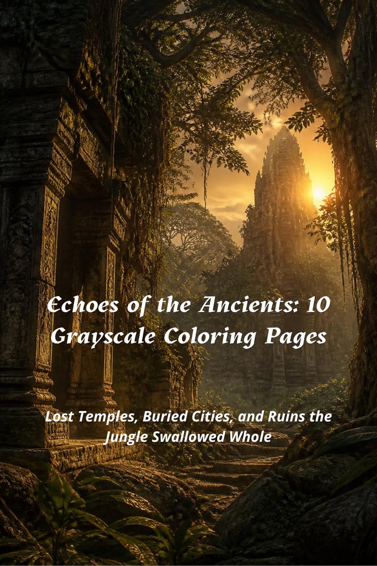 Cinematic illustration of an ancient jungle temple ruin at sunset,  warm golden light through mist and tree canopy, weathered stone  columns