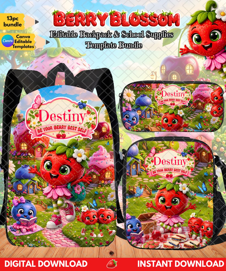 berry blossom bundle, school bundle template, editable backpack template, canva school template, personalized school supplies, berry theme school set, strawberry school bundle, back to school template, editable lunch bag template, school labels template,