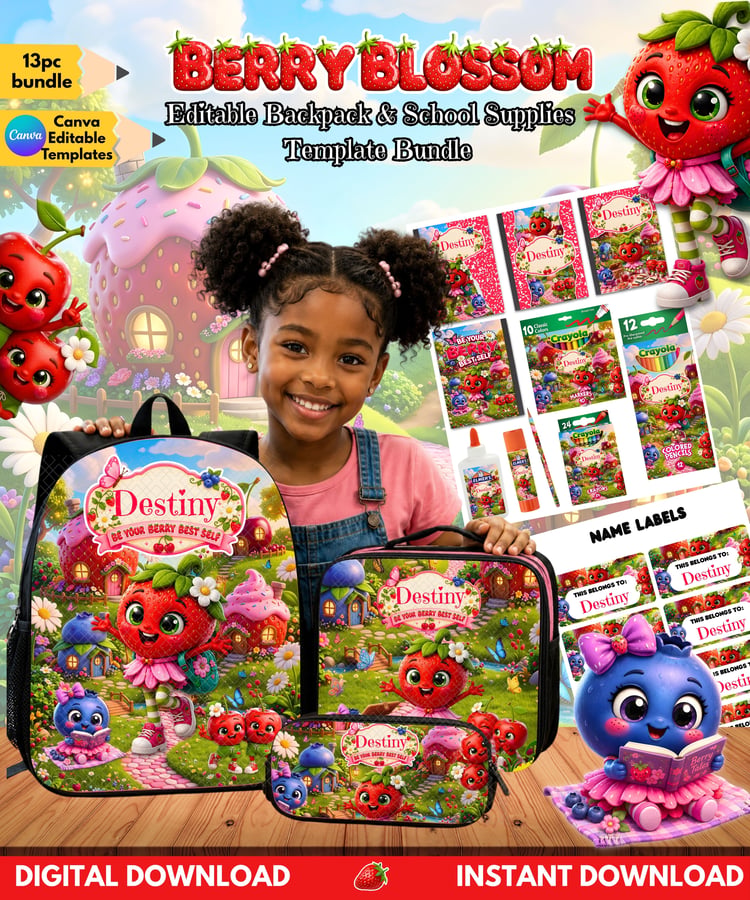 berry blossom bundle, school bundle template, editable backpack template, canva school template, personalized school supplies, berry theme school set, strawberry school bundle, back to school template, editable lunch bag template, school labels template,