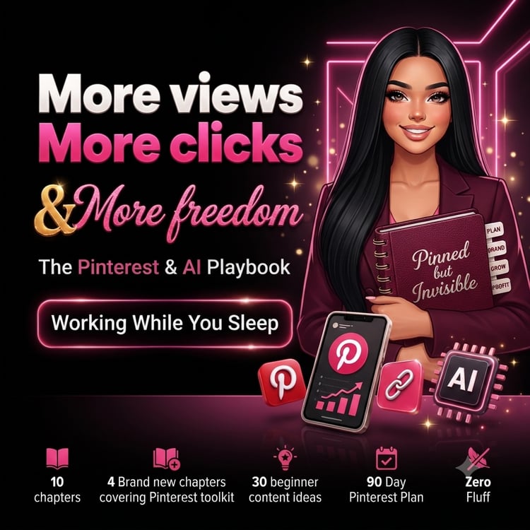 Pinned But Invisible ebook cover Pinterest SEO and AI playbook for more views , clicks, and passive Income.