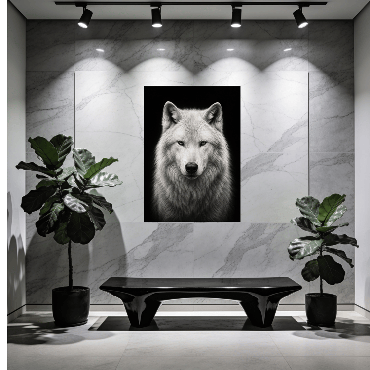 Majestic Arctic wolf portrait with detailed white fur against a black background, printable black and white wildlife wall art.