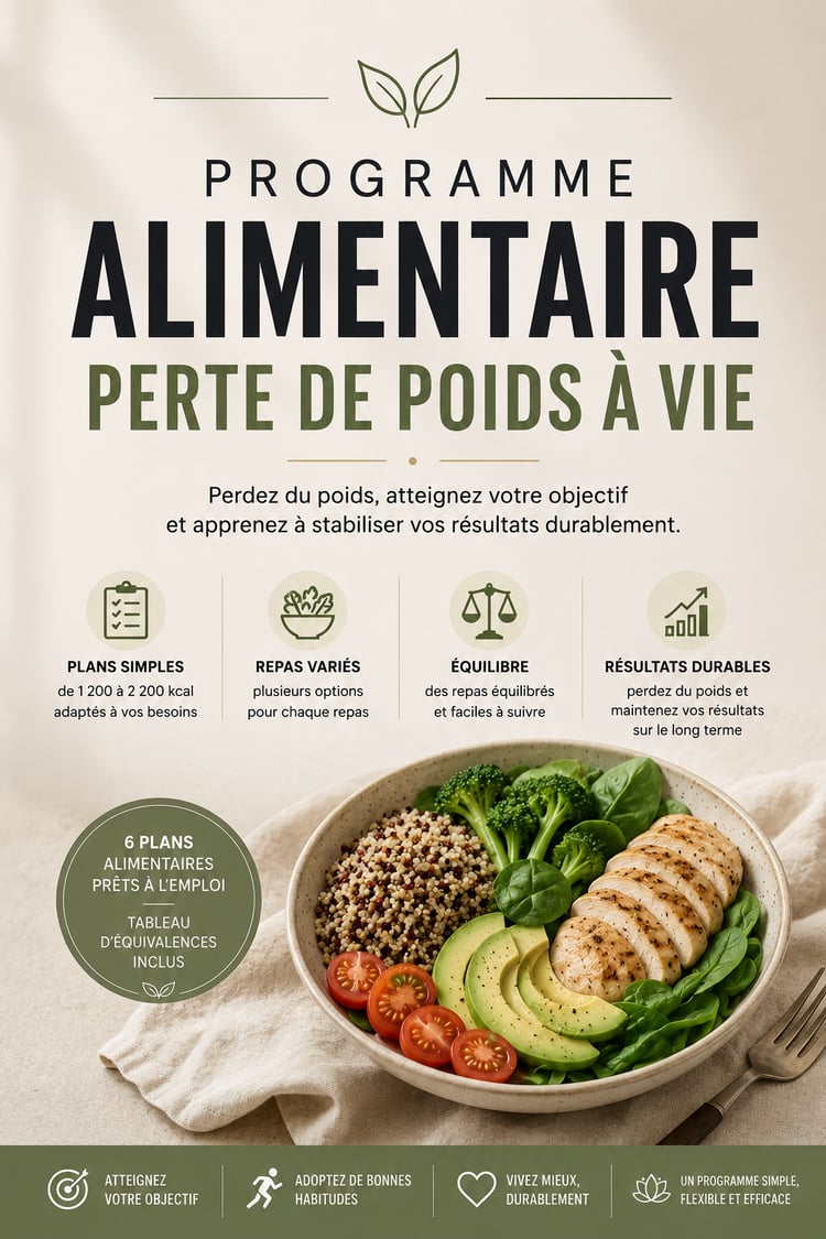 Couverture du Programme Alimentaire Perte de Poids à Vie avec 6 plans alimentaires de 1 200 à 2 200 kcal.