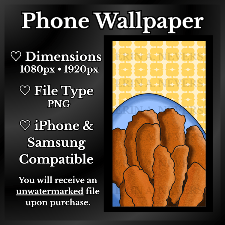 A product promotion thumbnail featuring a phone wallpaper with chicken strips on a blue plate.