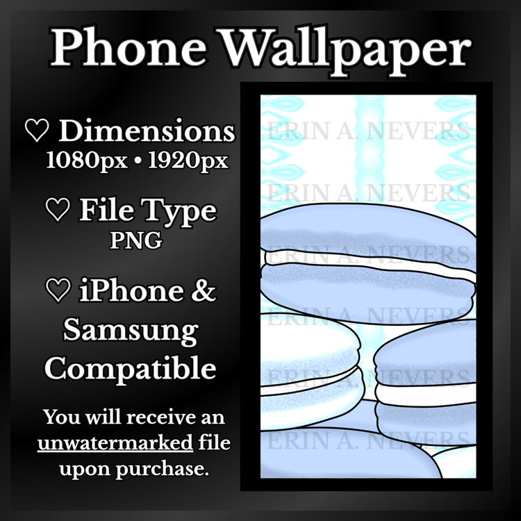 A product promotion thumbnail featuring a phone wallpaper with six blue macarons.