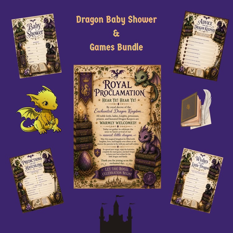 dragon baby shower welcome sign printable royal proclamation baby shower sign dragon baby shower games printable dragon themed baby shower bundle fantasy baby shower activities dragon keeper baby shower games storybook baby shower printable magical baby s