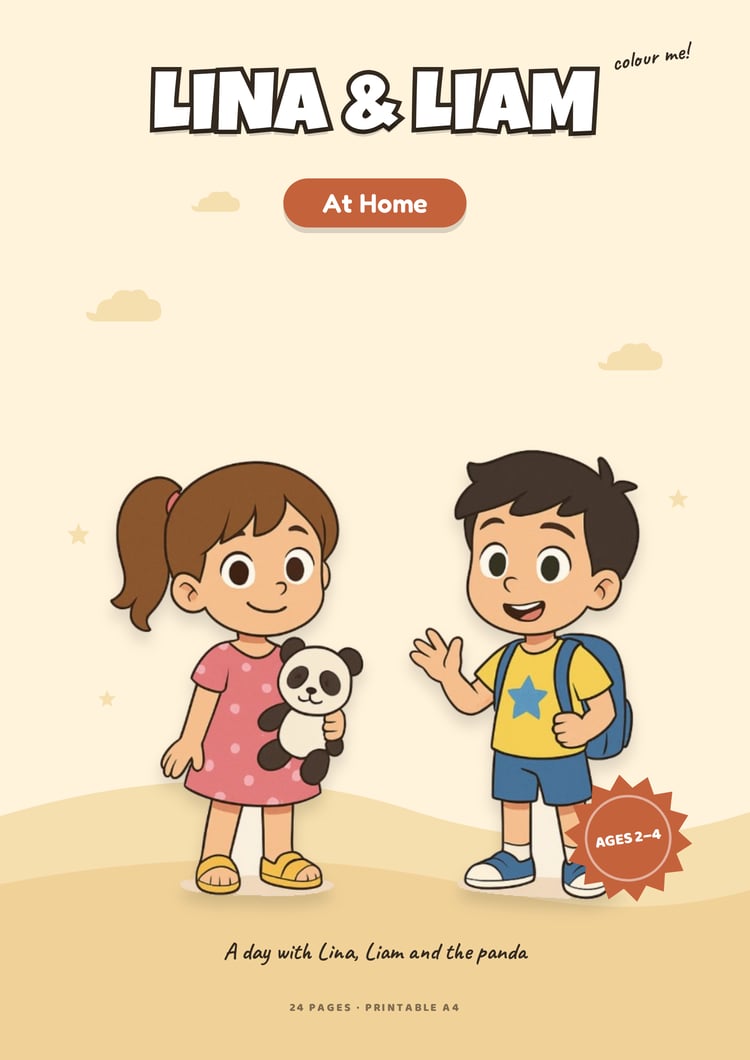 Lina & Liam kleurplatenboek - Een dag met Lina, Liam en de panda, printbaar kleurboek voor kinderen