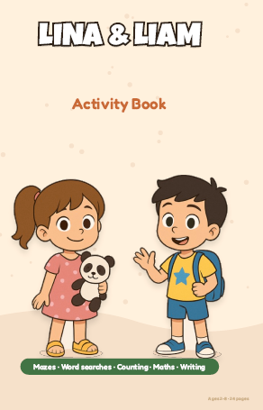 Lina & Liam Engelstalig printbaar activity book voor kinderen 3-6 jaar - cover met mazes, word searches en tellen