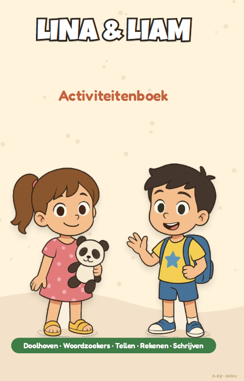 Lina & Liam Nederlands printbaar activiteitenboek voor kinderen 3-6 jaar - cover met doolhoven, woordzoekers en rekenoefeningen