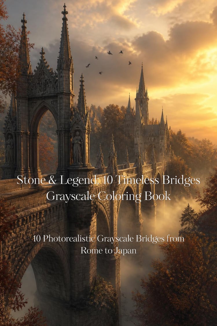 Colorful illustration of a gothic stone bridge with spires and carved statues, golden hour light and mist, coloring book cover