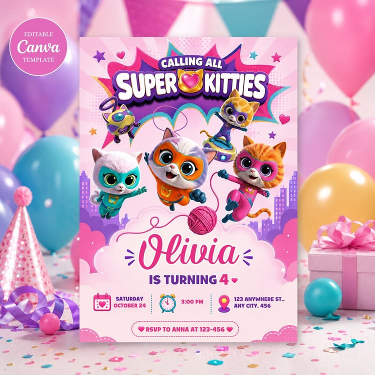 Super Kitties birthday invitation template editable Canva design for kids party