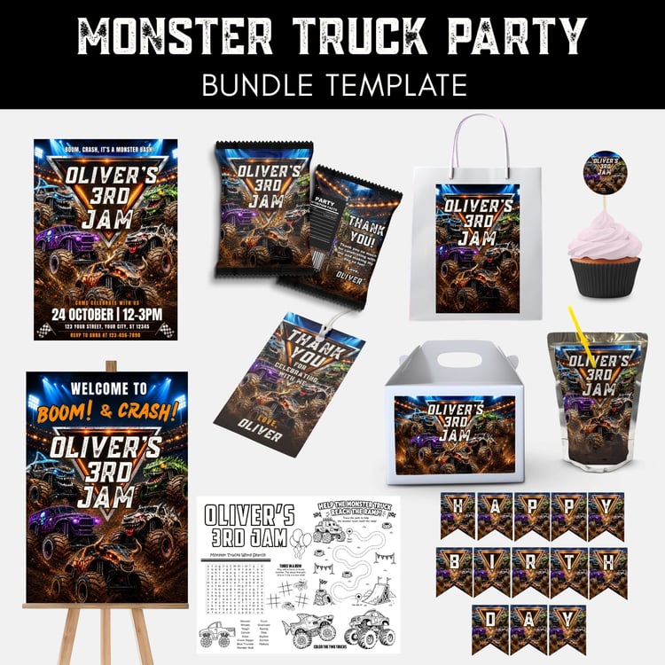 Monster Truck Birthday Party Printables Bundle Template featuring invitation, banner, favor bags, cupcake toppers, thank you tags, welcome sign, and party decorations.
