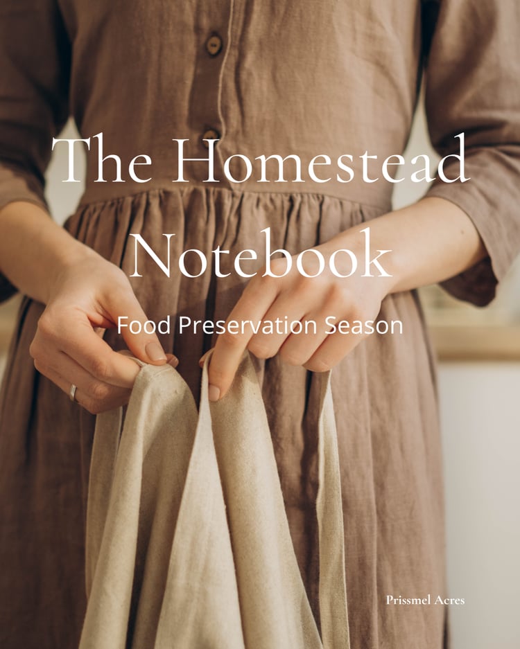 Woman wearing a linen dress holding a towel on the cover of The Homestead Notebook, a printable homestead planner for gardening, food preservation, and seasonal planning.