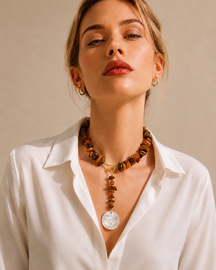 Modella che indossa collana in ambra baltica naturale grezza con ciondolo in madreperla naturale, gioiello artigianale Lumen Jewels