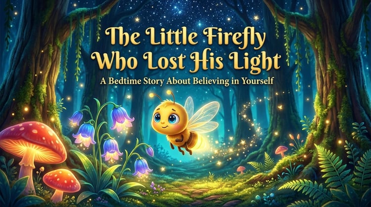 The Little Firefly Who Lost His Light printable bedtime story PDF featuring Lumi, a glowing firefly in a magical forest. A children's story about kindness, hope, and believing in yourself for ages 3–5.