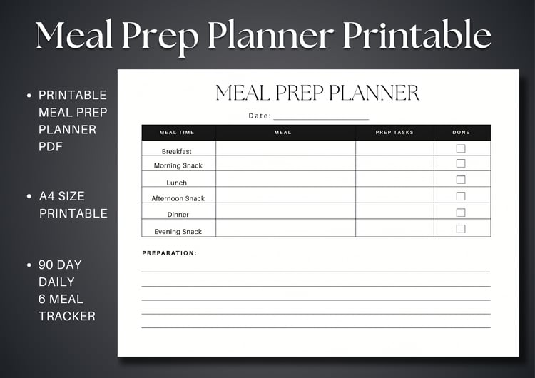 Meal Prep Planner Printable: A Printable Meal Prep Planner with 90, Minimalist Daily 6-Meal Tracking Sheets
