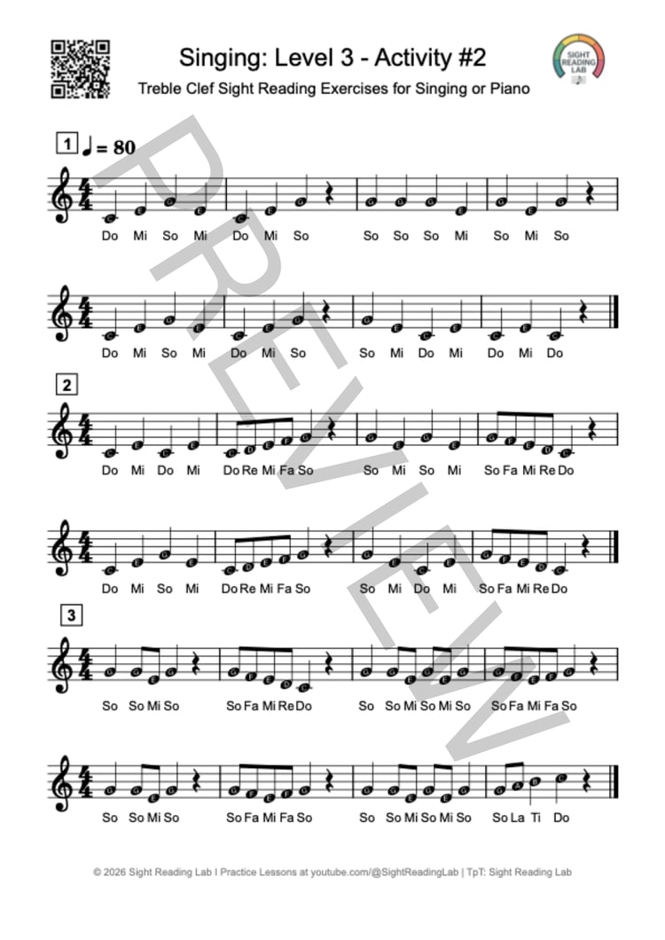 Sheet music sample preview for Sight Singing Level 3 Activity 2, displaying high-contrast treble clef notation in 4/4 time featuring C Major arpeggio exercises (Do-Mi-So-Do).