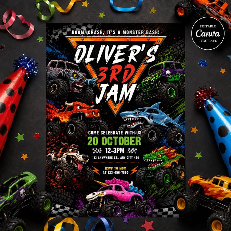 Editable Monster Jam birthday invitation template designed in Canva with a monster truck theme, printable digital party invite for kids birthday celebrations.