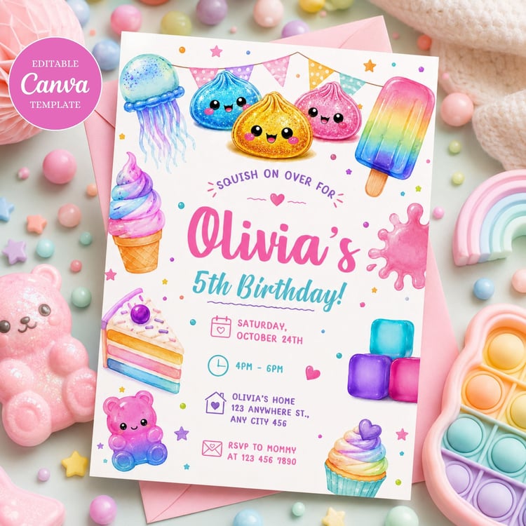 Editable Squishy Sensory Birthday Invitation Template designed in Canva with colorful neon theme for kids birthday party, printable digital download.