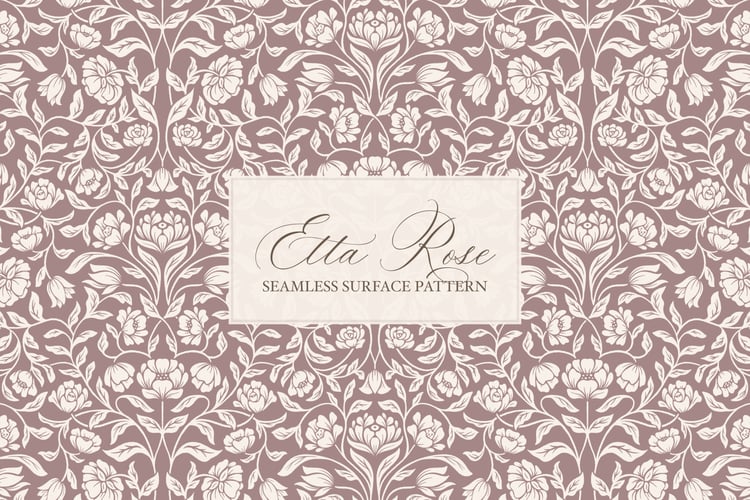 Vintage inspired hand drawn climbing rose damask in a woodblock style in mauve and cream.