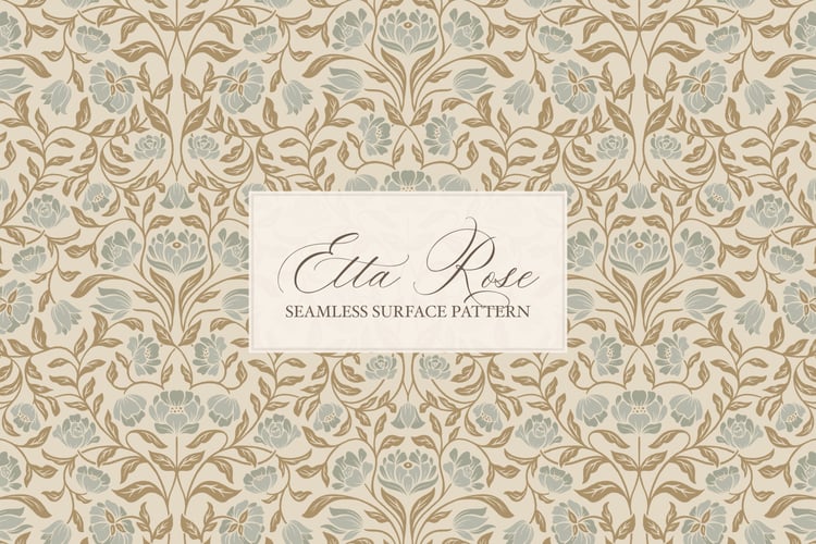 Vintage inspired hand drawn climbing rose damask in a woodblock style in golden brown and sage green