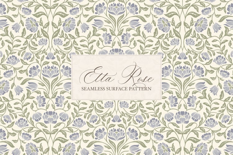 Vintage inspired hand drawn climbing rose damask in a woodblock style in periwinkle blue and sage green