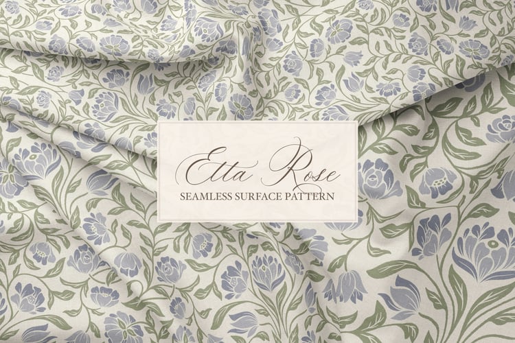 Vintage inspired hand drawn climbing rose damask in a woodblock style in periwinkle blue and sage green on fabric