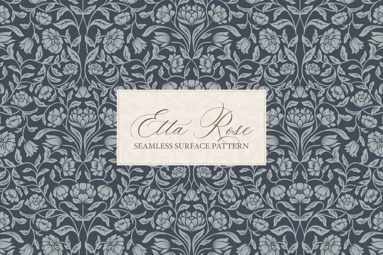 Vintage inspired hand drawn climbing rose damask in a woodblock style in navy blue
