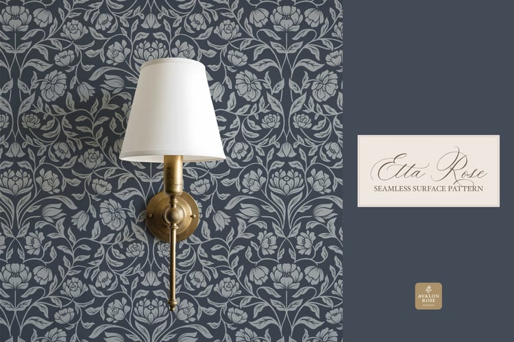 Vintage inspired hand drawn climbing rose damask in a woodblock style in navy blue on wallpaper