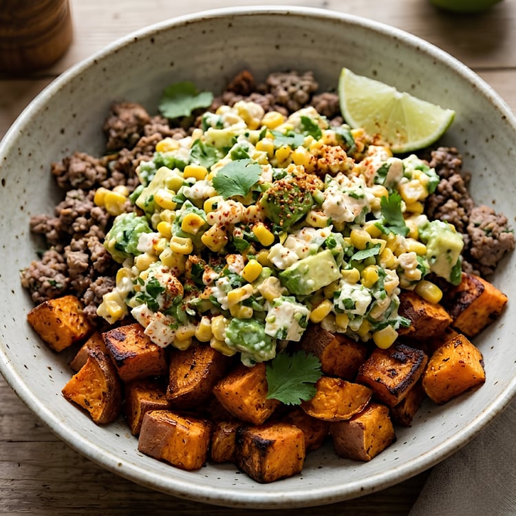 receta alta en fibra, un bowl de camote, carne molida y esquite o elote preparado