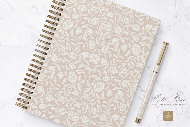 Vintage inspired hand drawn climbing rose damask in a woodblock style on a notebook