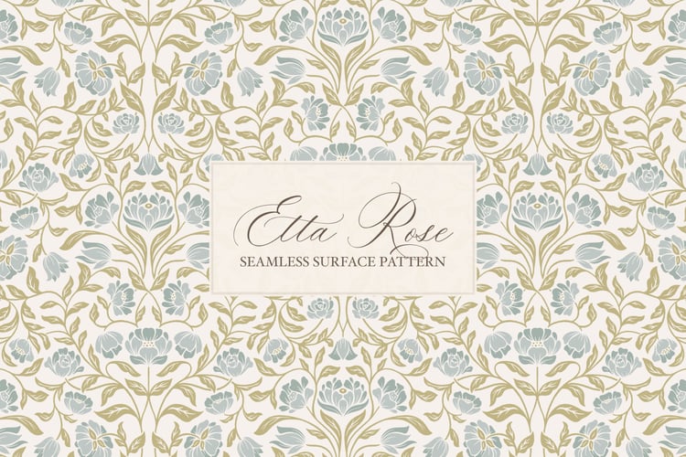 Vintage inspired hand drawn climbing rose damask in a woodblock style in blue and lime