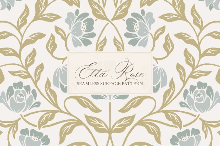 Vintage inspired hand drawn climbing rose damask in a woodblock style in blue and lime
