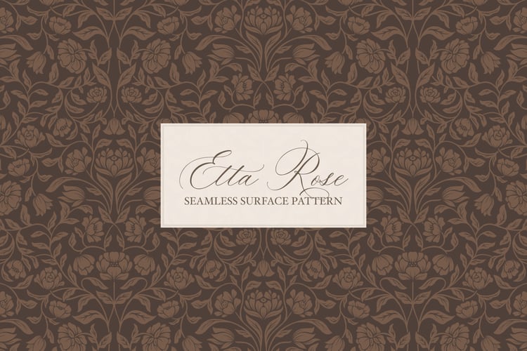 Vintage inspired hand drawn climbing rose damask in a woodblock style in dark brown